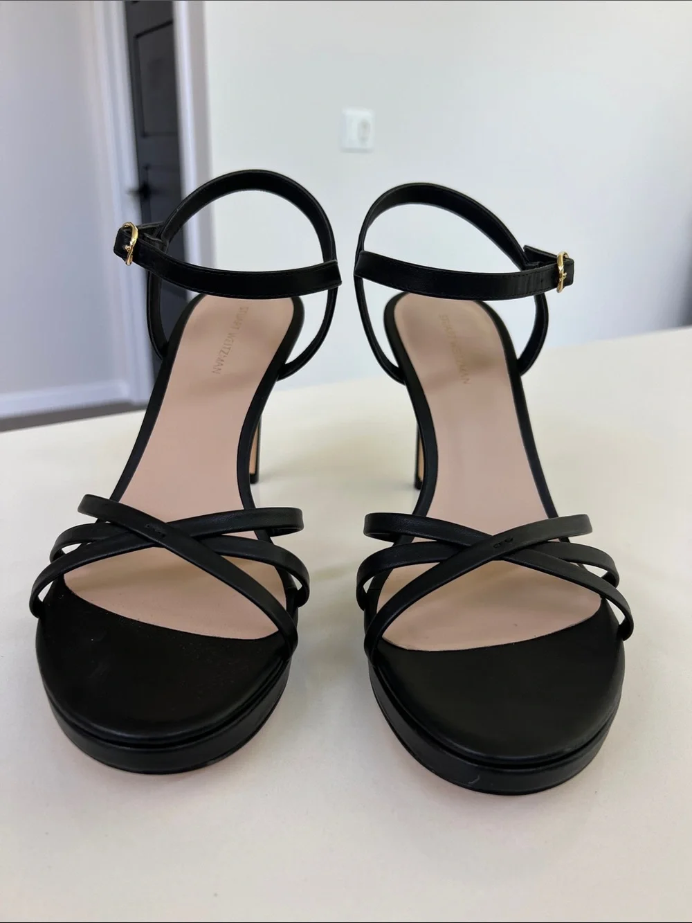 Stuart Weitzman starla 80 platform open toe sandals black leather heels 10